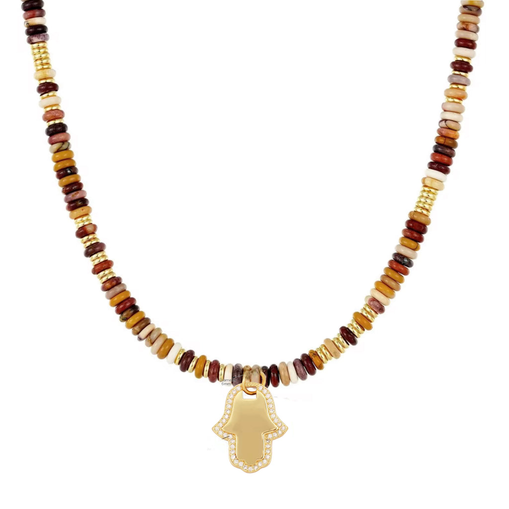 Beaded Gemstone Choker Hamsa Necklace - 14K Gold Plated