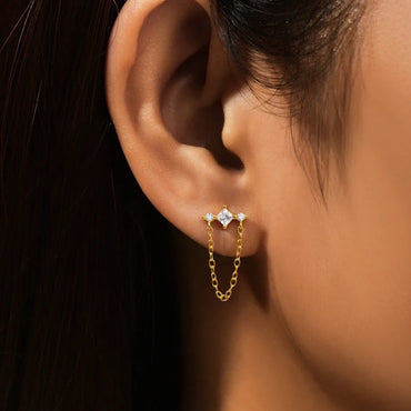 CZ Small Chain Stud Earrings - Gold