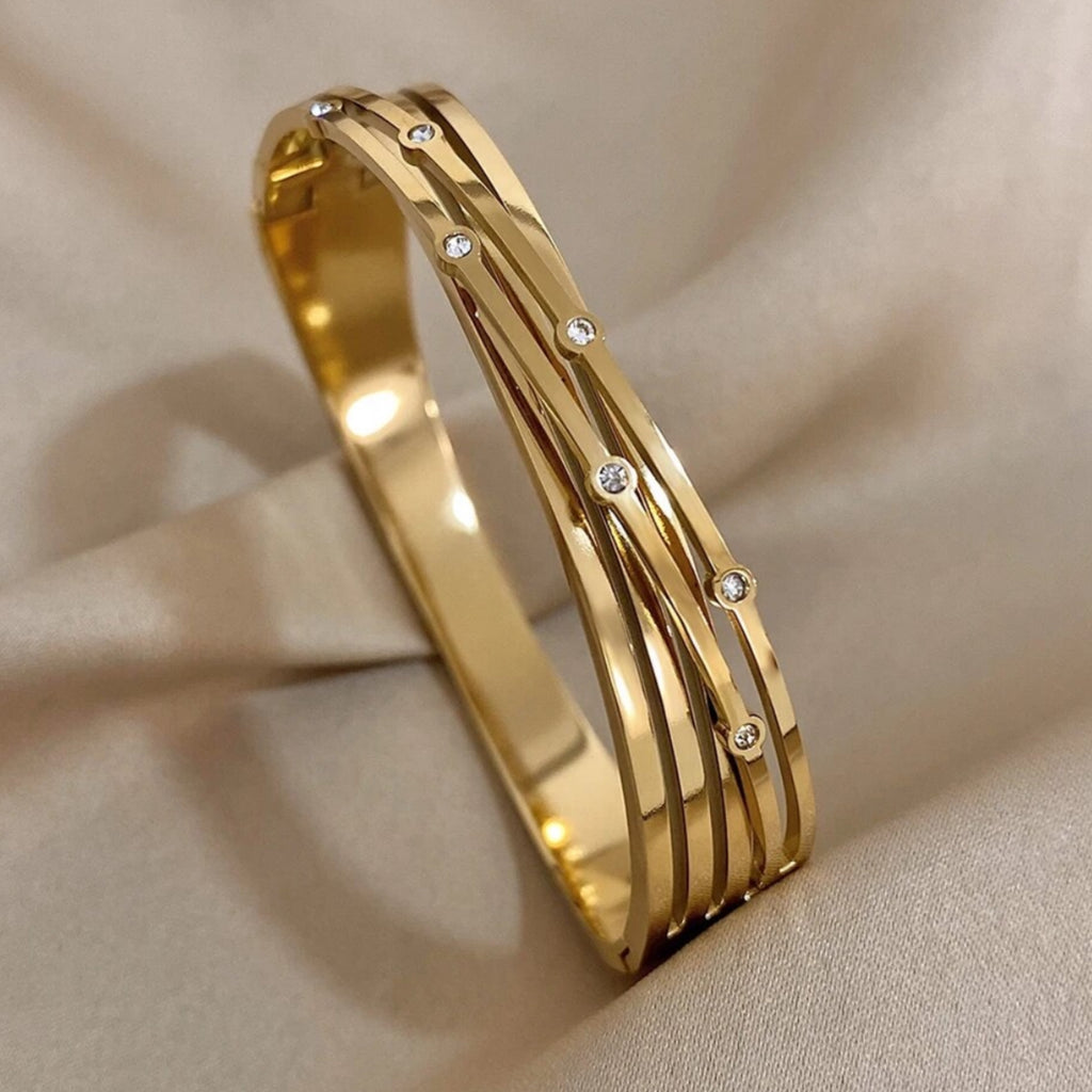 CZ Cross Twisted Stainless Steel Bangle Bracelet - Gold and Silver.