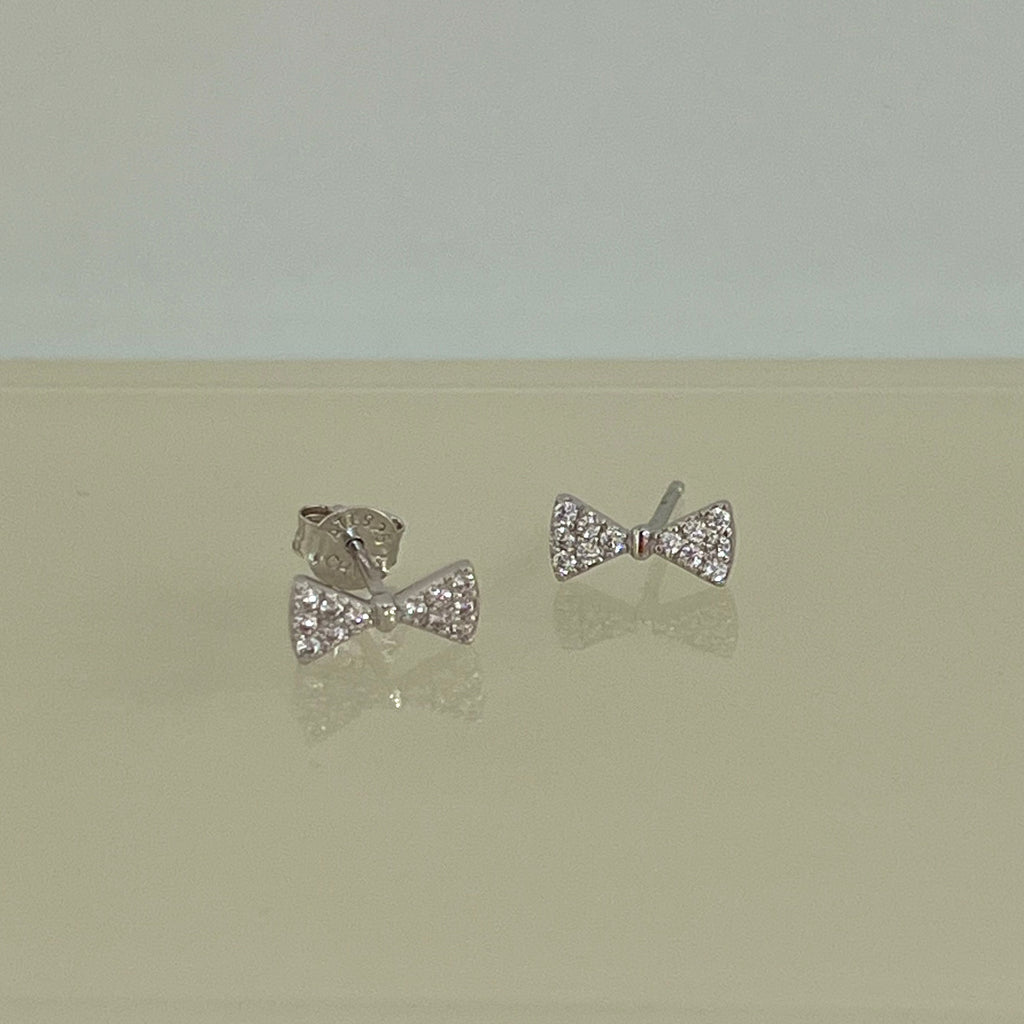 Bridesmaid Tiny CZ Bow Stud Earrings - Silver