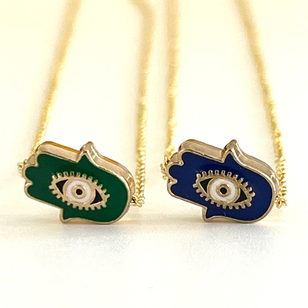 Enamel Mini Hamsa Pendant Necklace - Gold