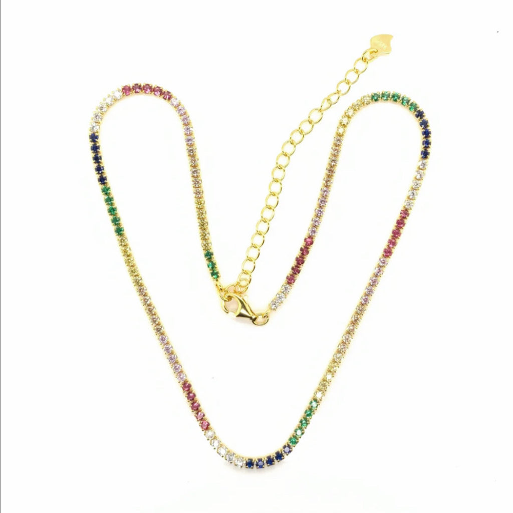 Sterling Silver 1.5 MM Multicolor Tennis Choker Necklace - Gold