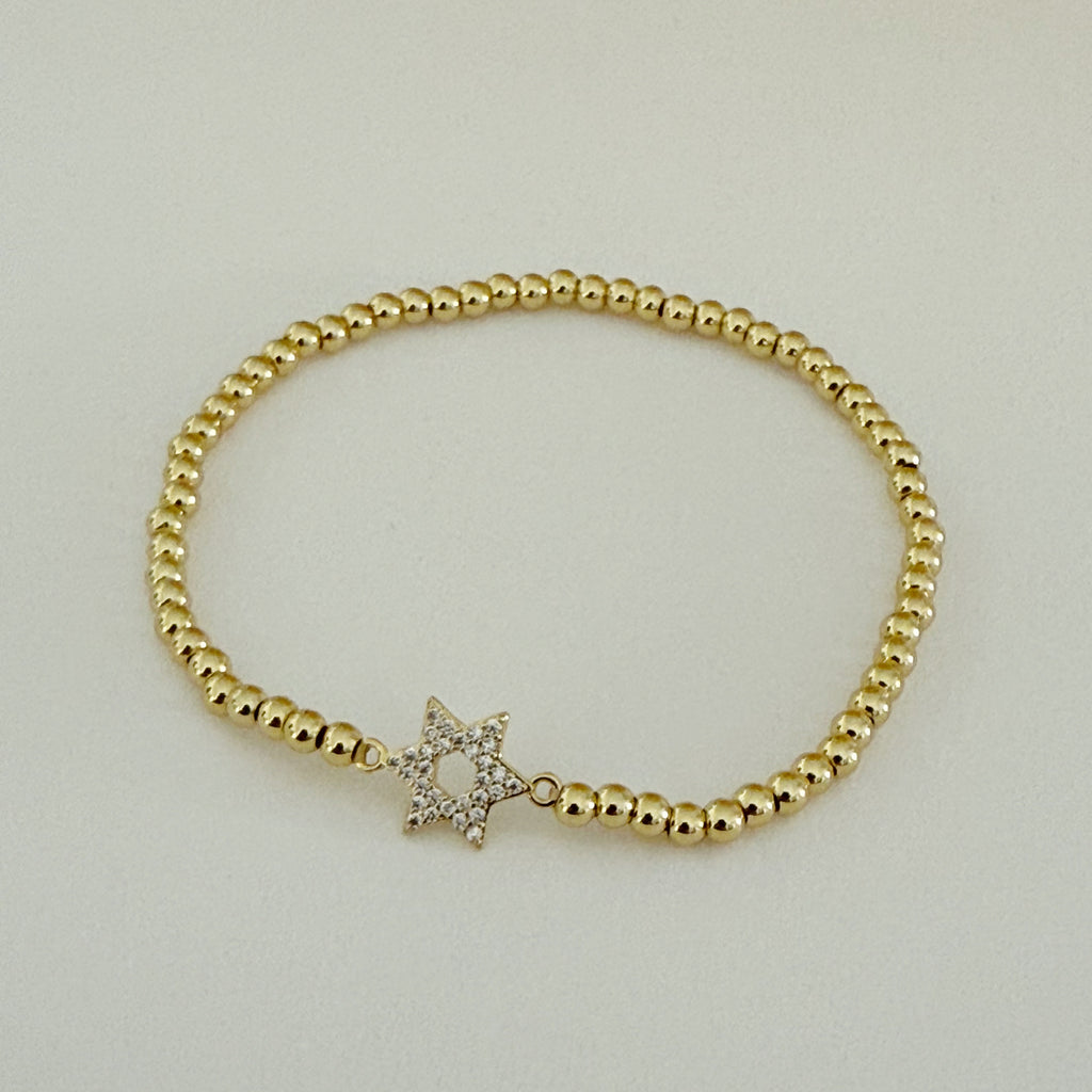 CZ Star of David Beaded Stretch Bracelet - Gold