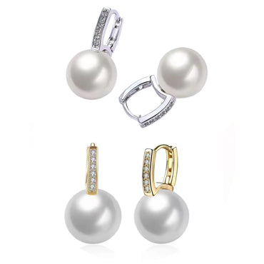 CZ Pearl Dangle Hoop Earrings - Gold and Silver