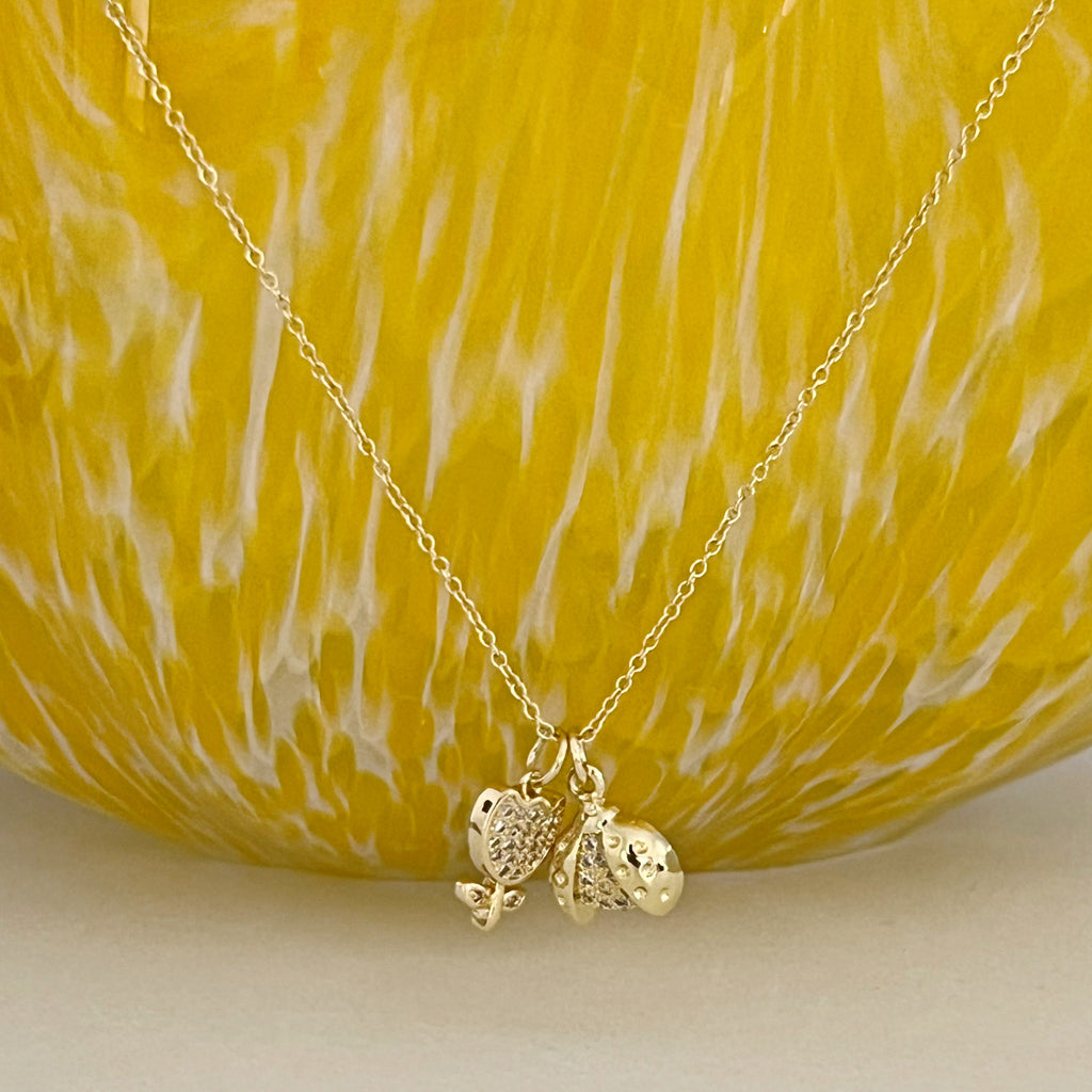 CZ Ladybug with Open Wings/Tulip Flower Charm Necklace - Gold