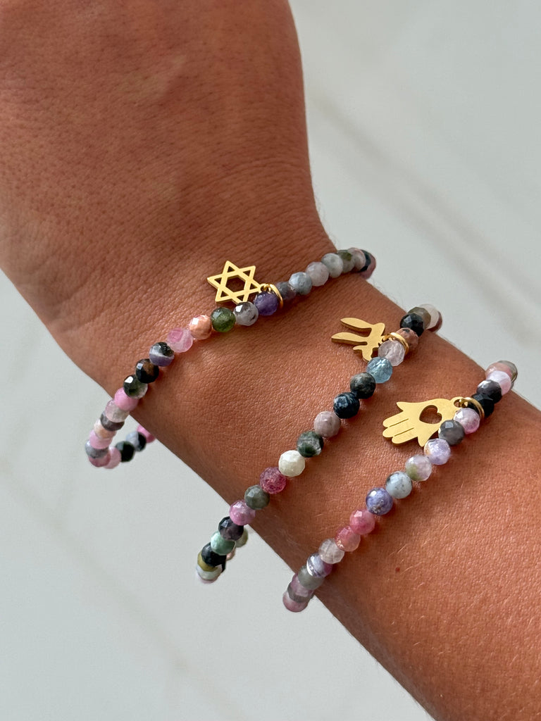 Tourmaline Gemstone Beaded Bracelet with Hamsa, Chai or Star of David Charm.