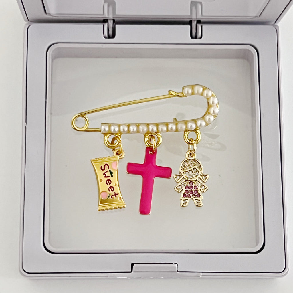 4 CM Pearl Pin With Fuchsia Pink Cross and Girl Charms - Gold