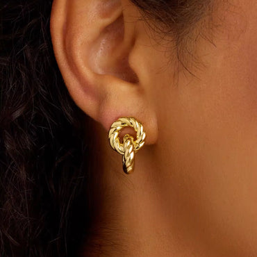 18K Gold Plated Lightweight Twisted Double Ring Stud Earrings