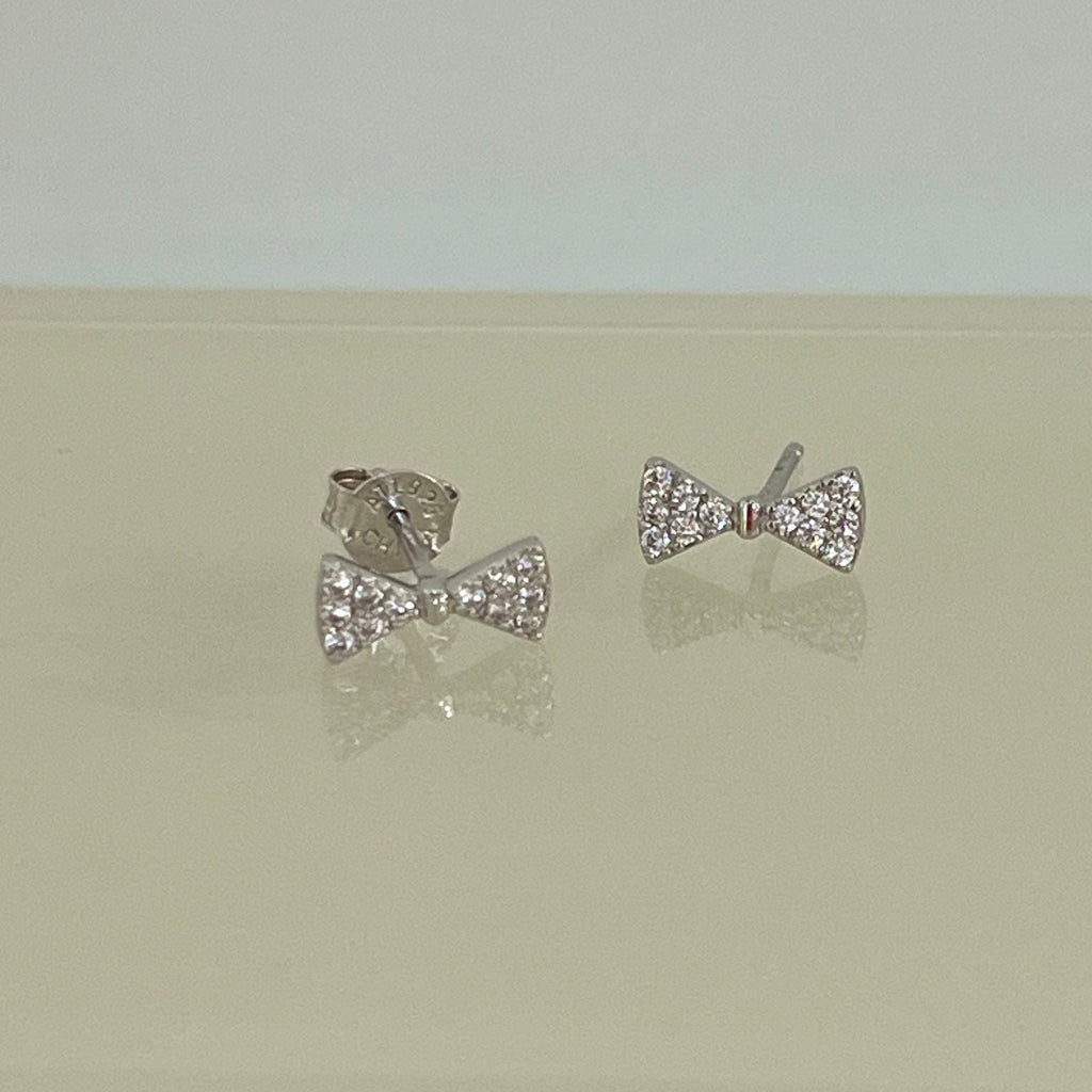 Bridesmaid Tiny CZ Bow Stud Earrings - Silver