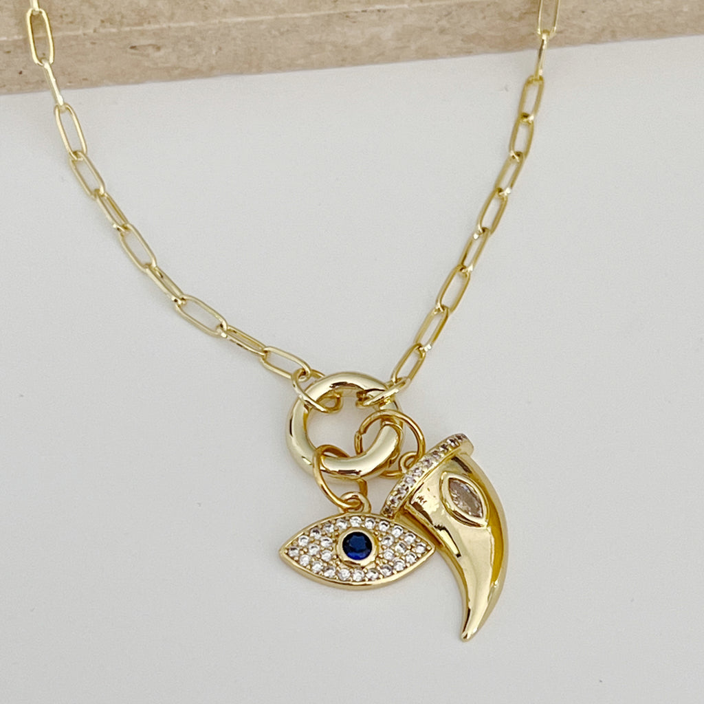 CZ Evil Eye & Horn Charms Necklace - Gold