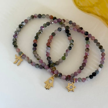 Trio Tourmaline Gemstone Beaded Bracelet with Star of David, Chai and Hamsa Charms