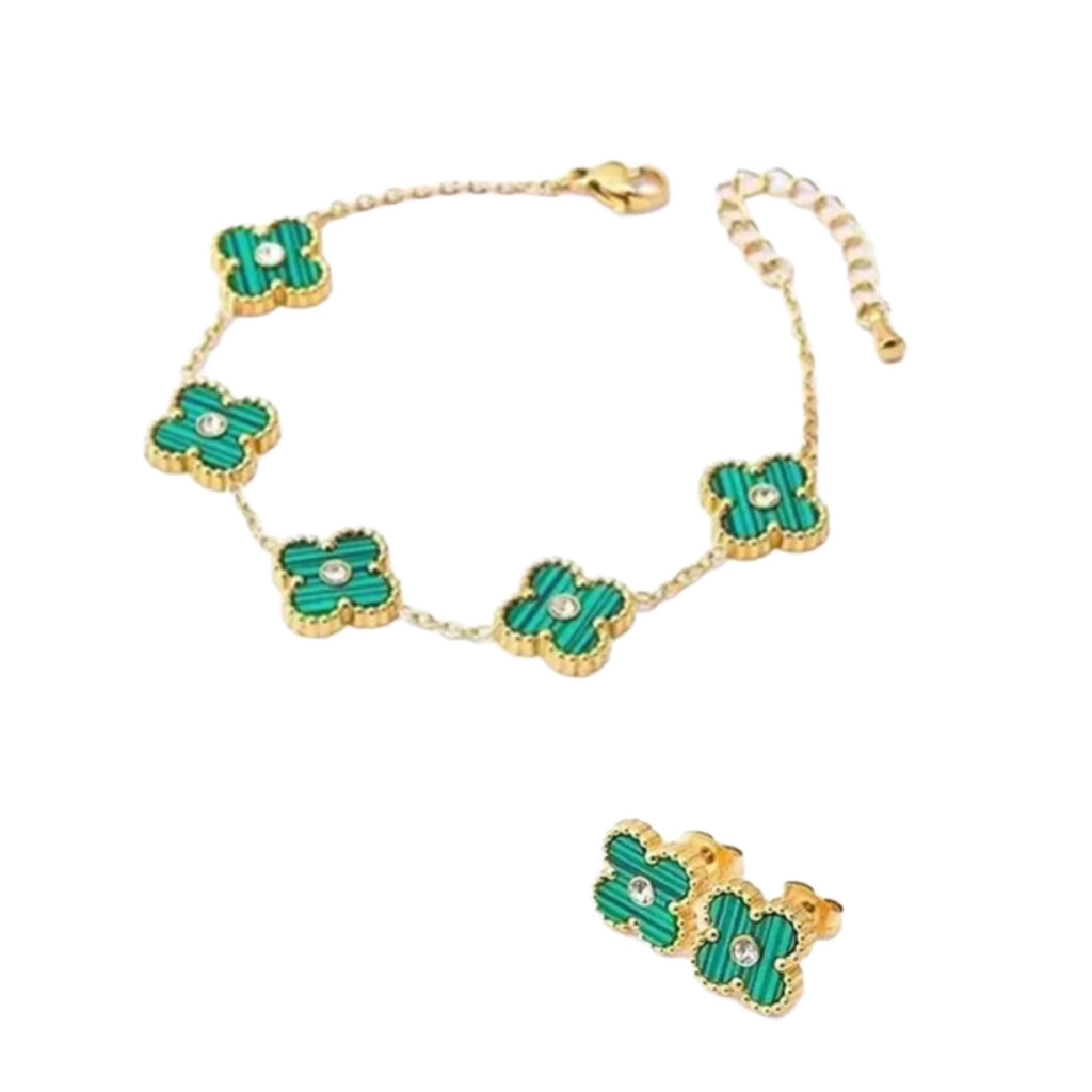 Stainless Steel Enamel - CZ Clover Set (Bracelet & Earrings)