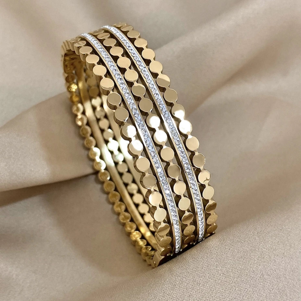 CZ Multiple Rows Stainless Steel Bangle Bracelet - Gold and Silver