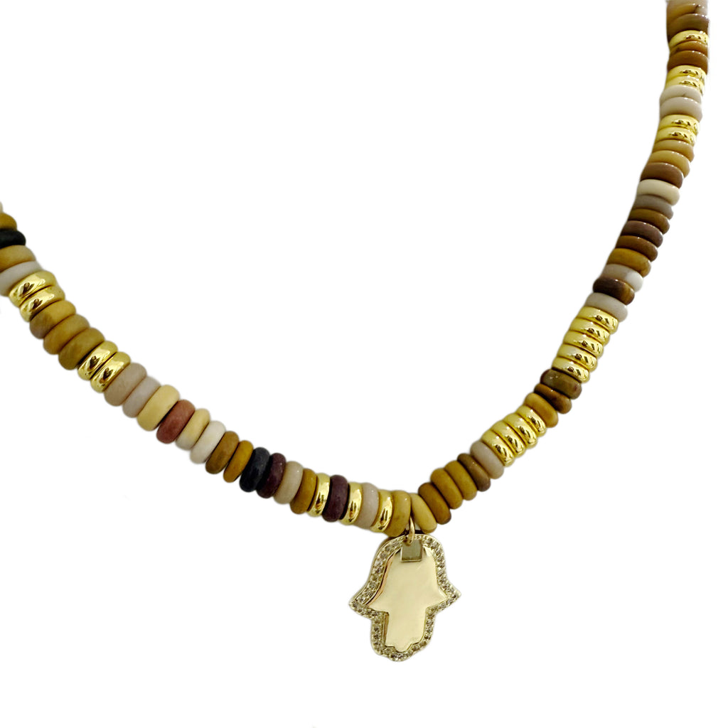 Beaded Gemstone Choker Hamsa Necklace - 14K Gold Plated
