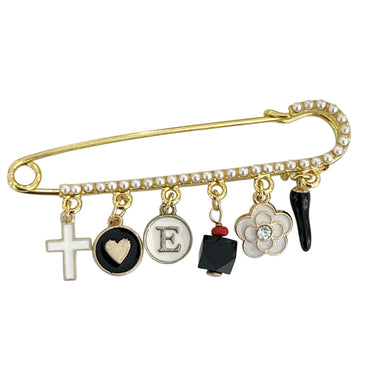 Personalized 8 CM Pearl Pin With Genuine Azabache Charm - Gold