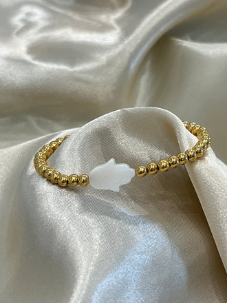 Stretch Beaded MOP Hamsa Bracelet - 18K Gold Plated