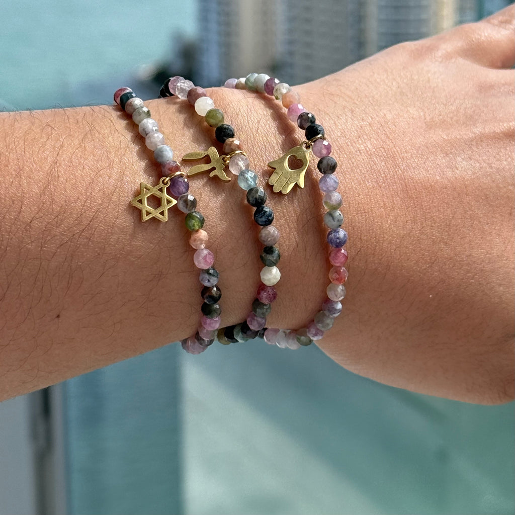 Tourmaline Gemstone Beaded Bracelet with Hamsa, Chai or Star of David Charm.