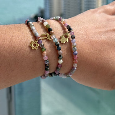 Trio Tourmaline Gemstone Beaded Bracelet with Star of David, Chai and Hamsa Charms