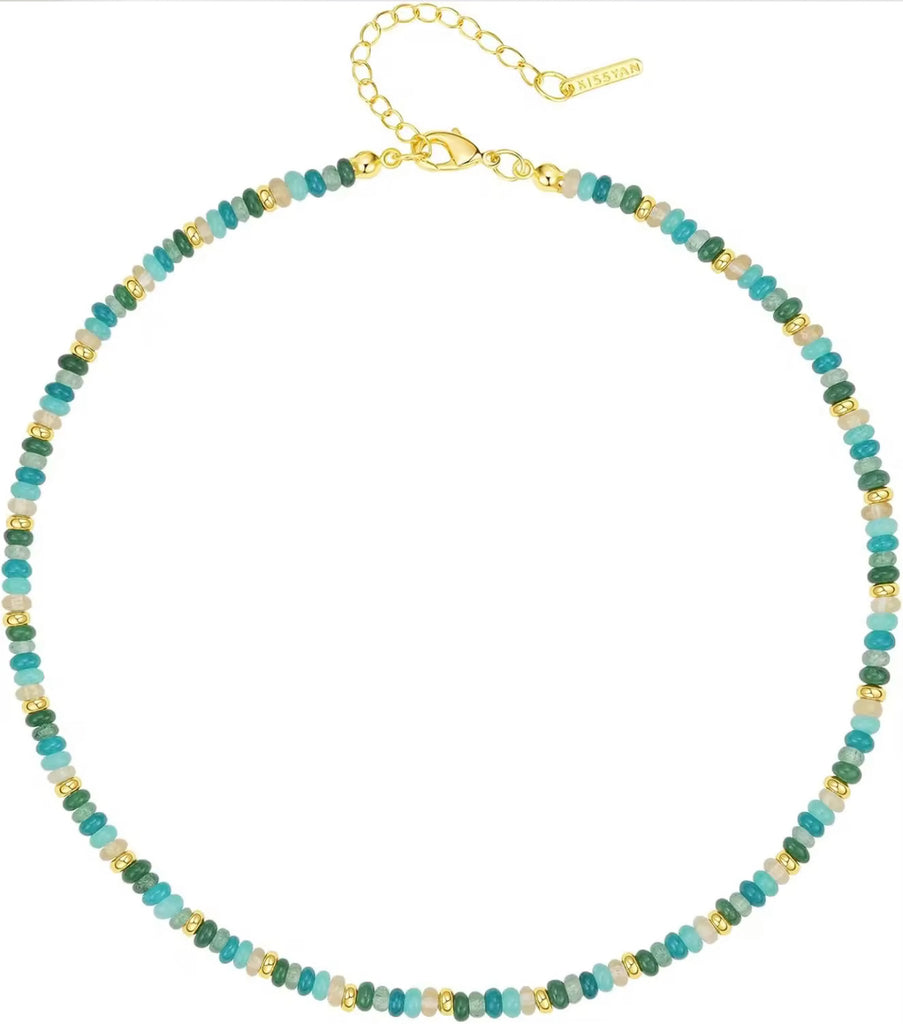 Beaded Gemstone Choker Butterfly Necklace - 14K Gold Plated