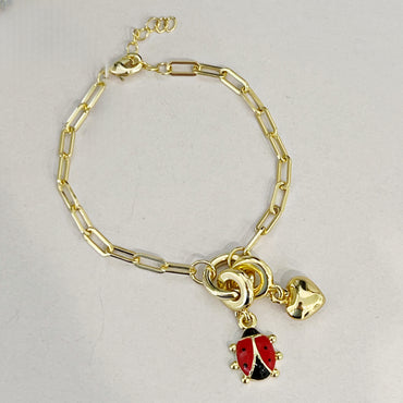 Enamel Ladybug/Heart Push Front Clasp Paperclip Chain Bracelet - Gold