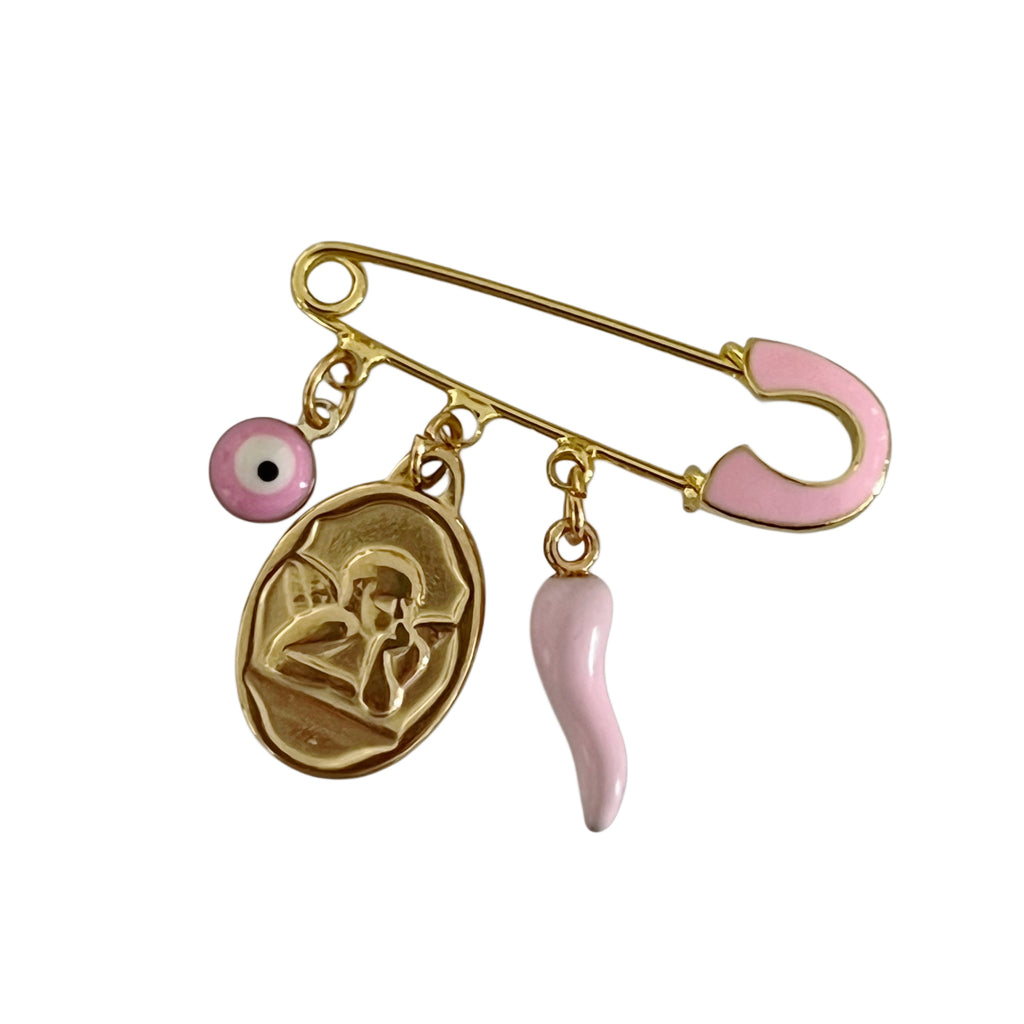 4 CM Enamel Pink Baby Pin With Guardian Angel - Gold