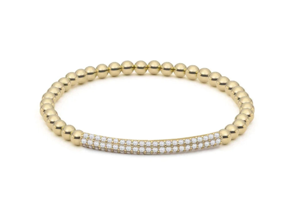 CZ Bar Beaded Stretch Bracelet - 18K Gold Plated