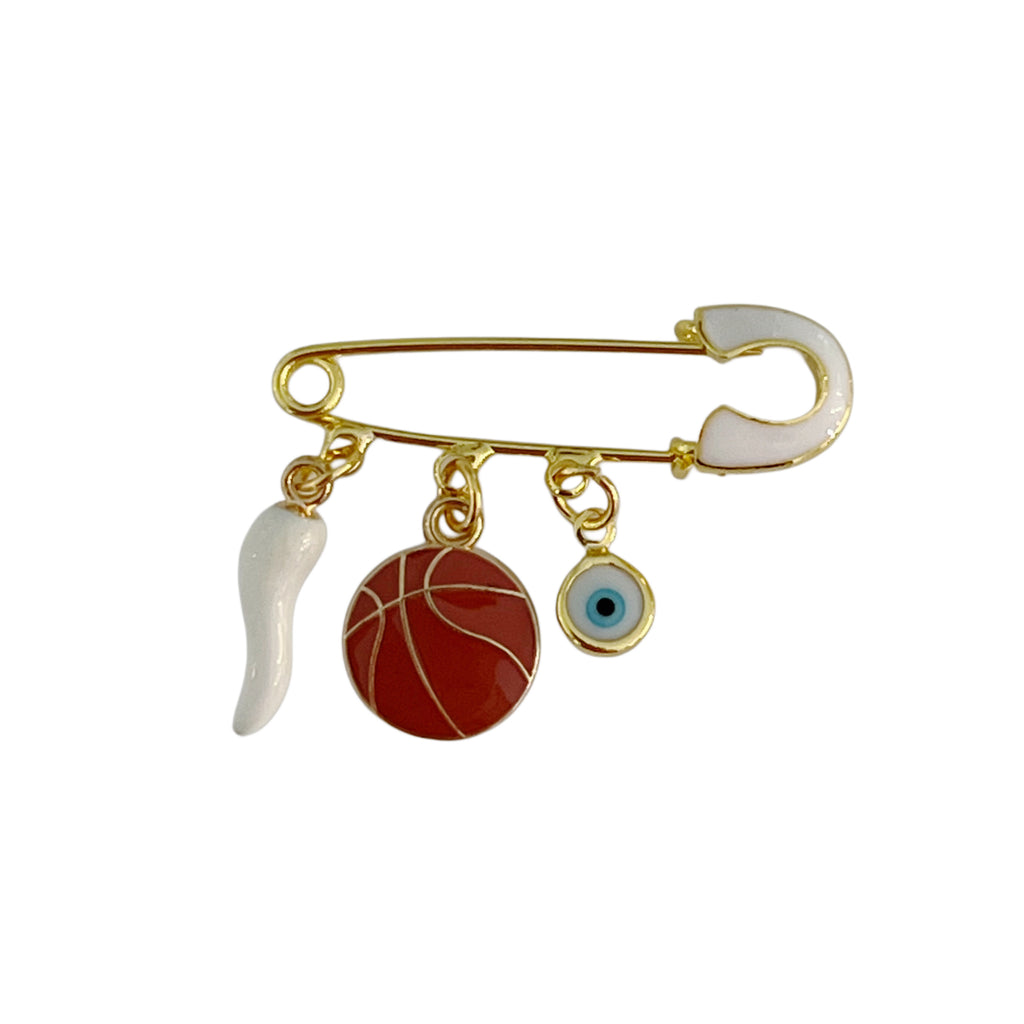 4 CM Enamel White Pin With Basketball Ball Charm - Gold