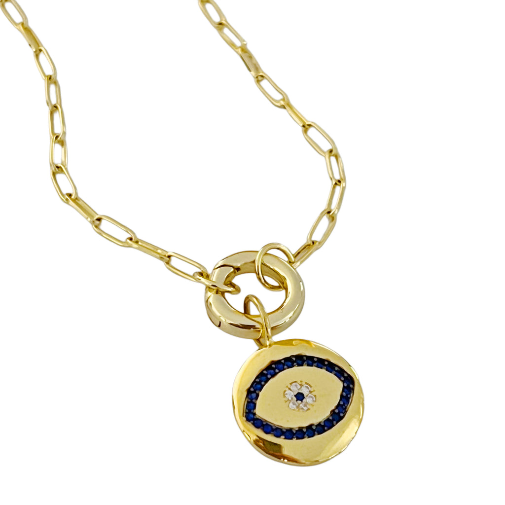 CZ Blue Evil Eye Pendant Paperclip Chain Necklace - Gold