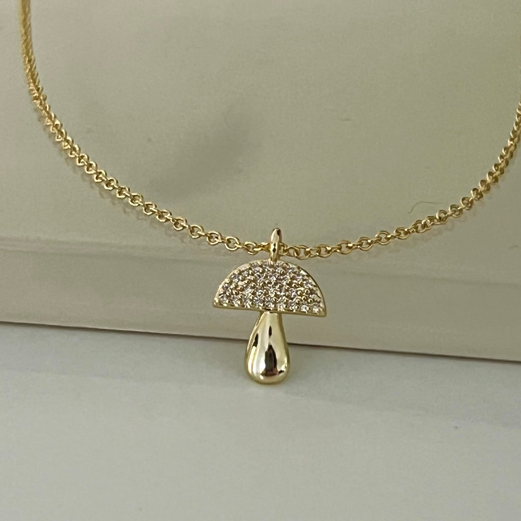 Bridesmaid Mini CZ 14K Gold Plated Mushroom Necklace