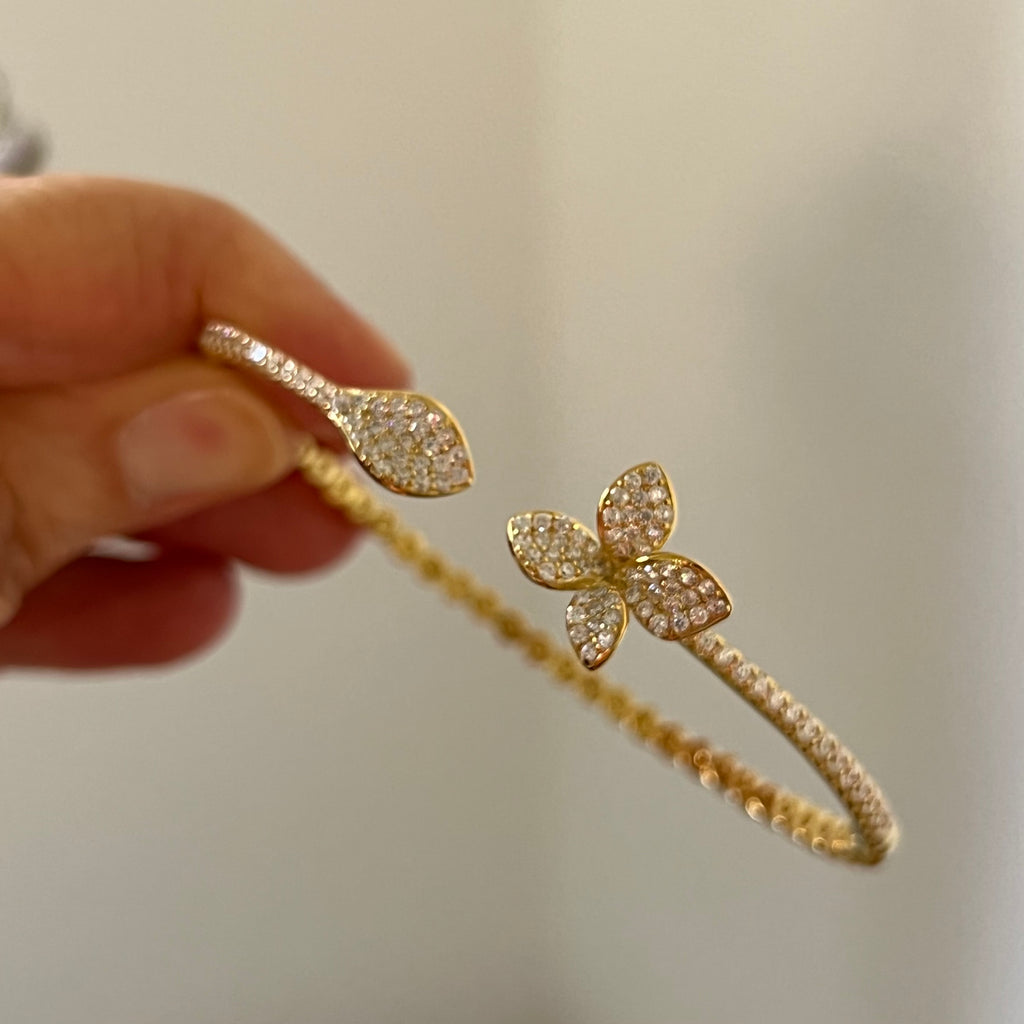 Cuff Bracelet with CZ Flower and Leaf - Gold