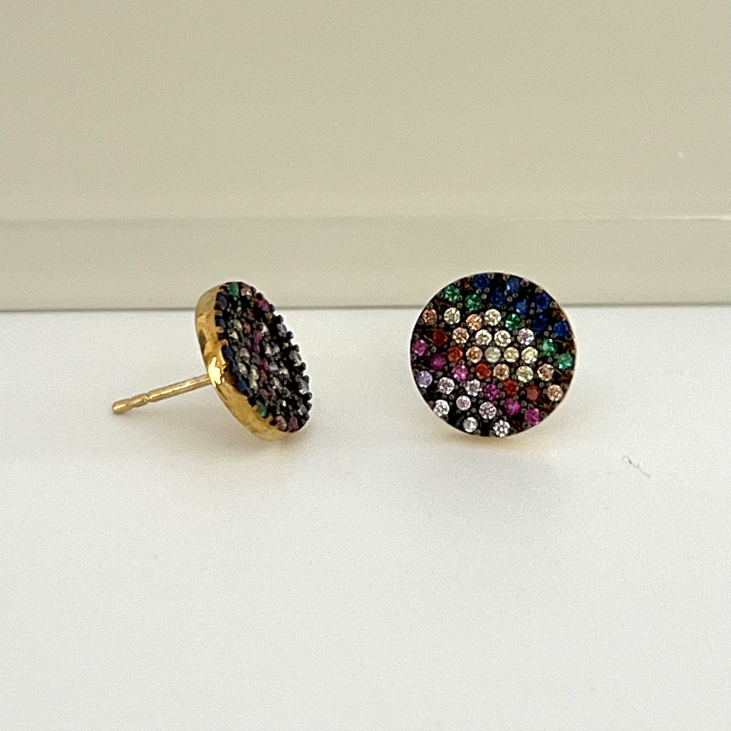 925 Sterling Silver Multi Colored CZ Round Studs Earrings - Gold