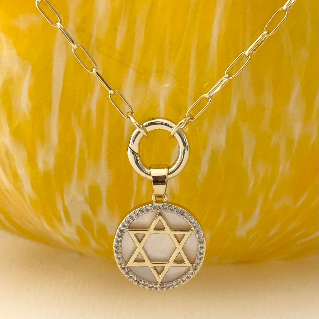 MOP - CZ Star of David/Push Front Clasp Necklace - Gold