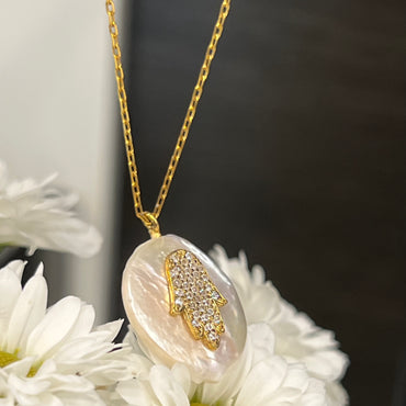 CZ Hamsa Freshwater Pearl Pendant Necklace - Gold