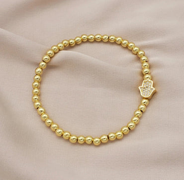 Stretch Beaded CZ Hamsa Bracelet - Gold
