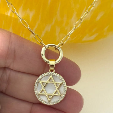 MOP - CZ Star of David/Push Front Clasp Necklace - Gold