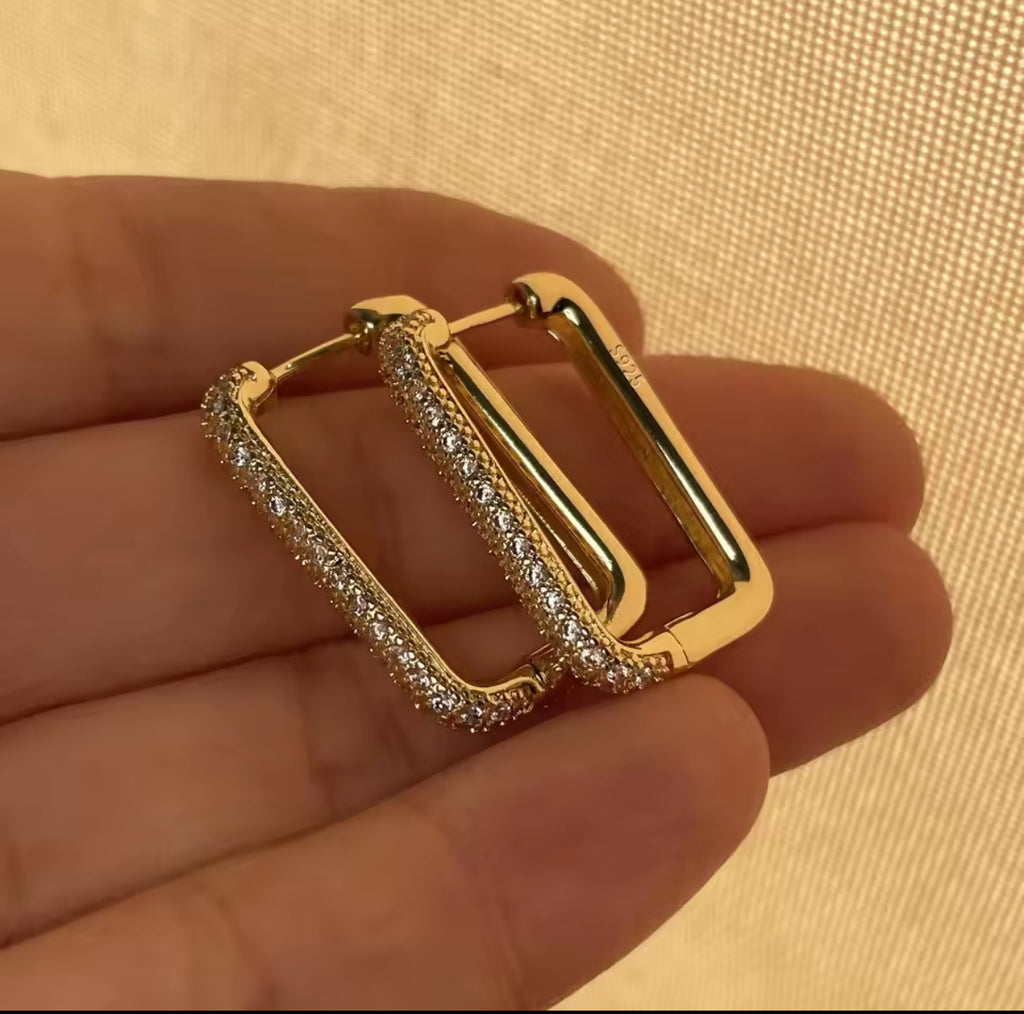 CZ Rectangular Hoop Earrings - Gold