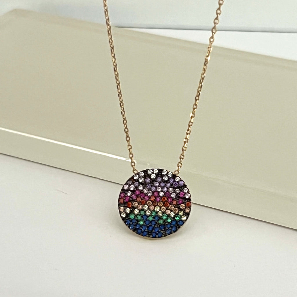 925 Sterling Silver CZ Multi Colored Round Pendant Necklace - Gold