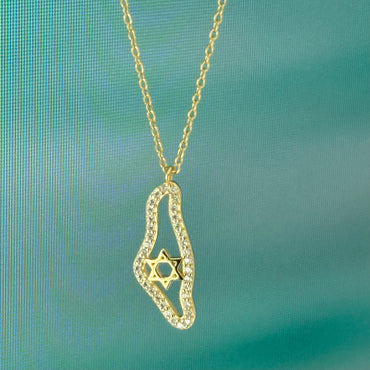 Sterling Silver CZ Israel Map Necklace - Gold and Silver