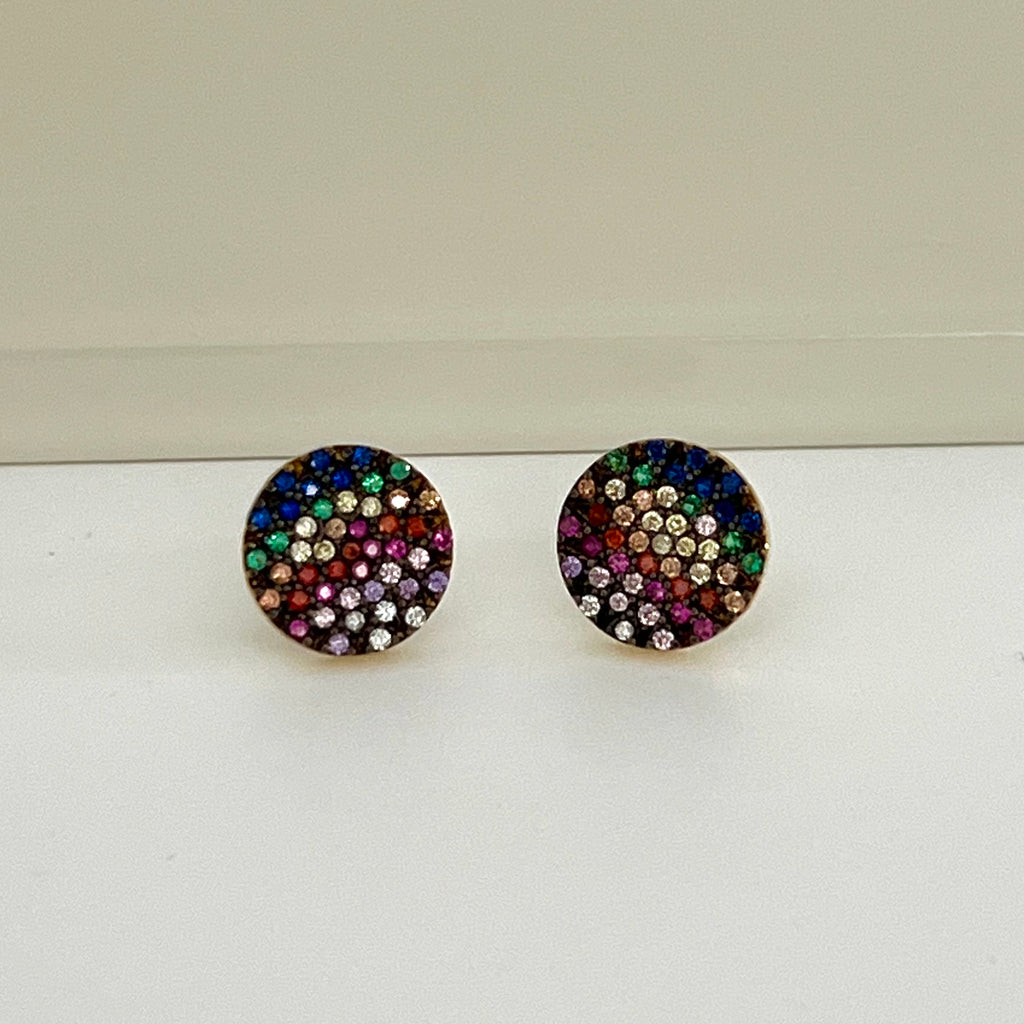 925 Sterling Silver Multi Colored CZ Round Studs Earrings - Gold