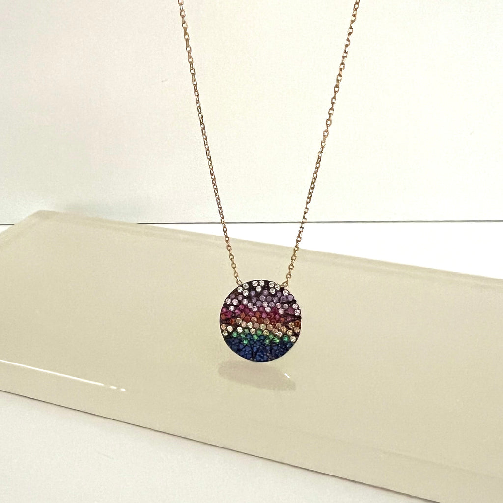 925 Sterling Silver CZ Multi Colored Round Pendant Necklace - Gold