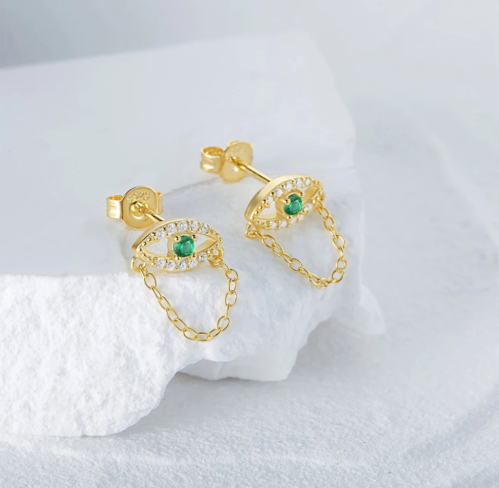 CZ Green Evil Eye Chain Stud Earrings - Gold