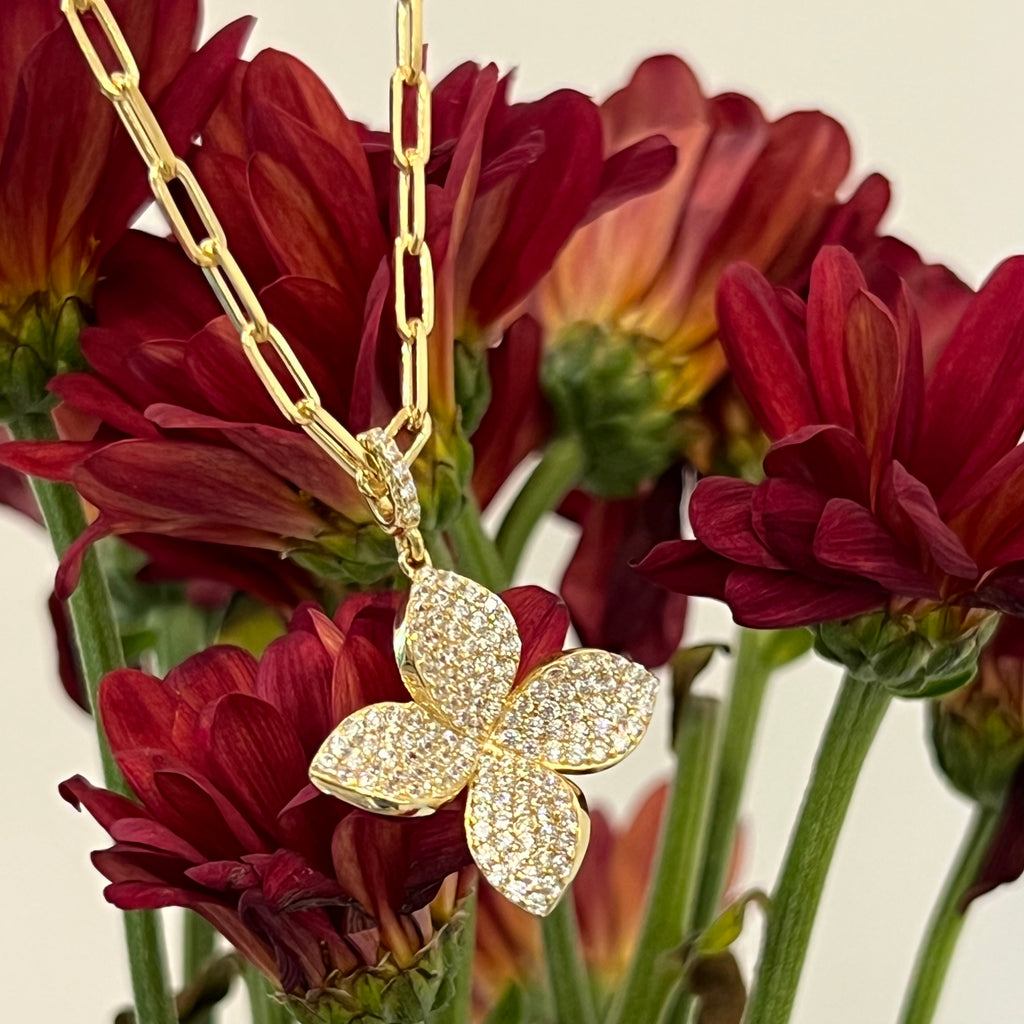 4 Leaf Flower Pave CZ  Necklace - Gold or Silver