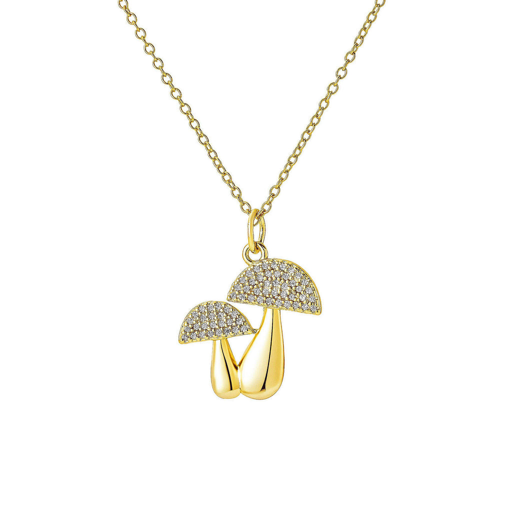 Bridesmaid CZ - 14K Gold Plated 2 Mushrooms Pendant Necklace