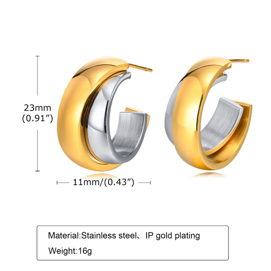 Two Tones C Shaped Hoop Earrings - 18K Gold and Silver Plated.