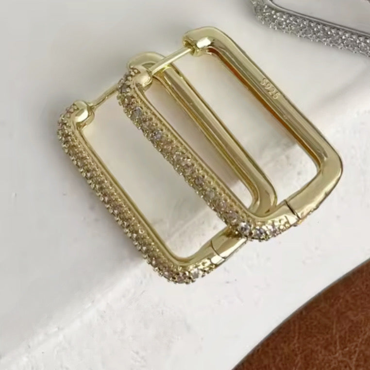 CZ Rectangular Hoop Earrings - Gold