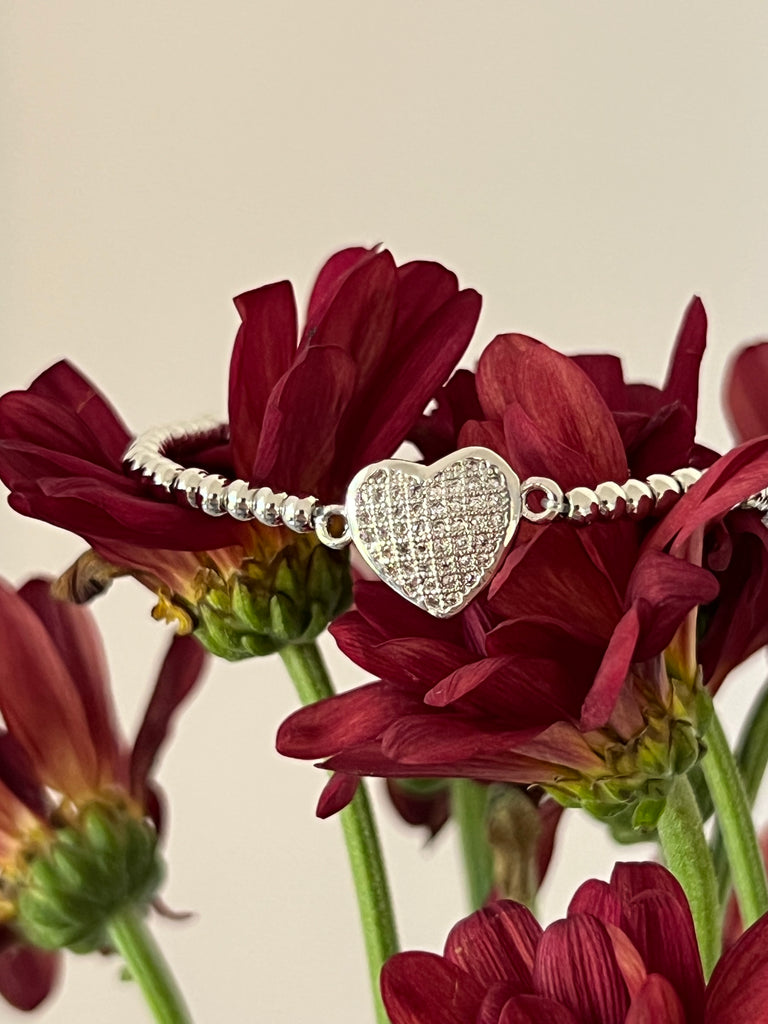 Stretch Beaded Heart Bracelet - Silver