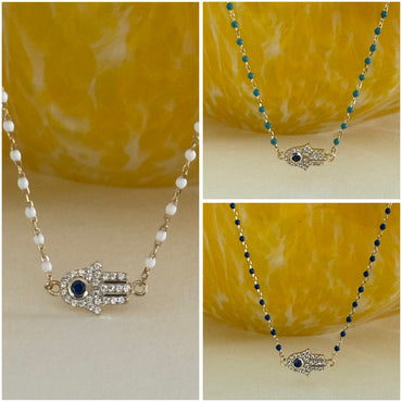 Sterling Silver Gold Plated CZ Hamsa Beaded Necklace
