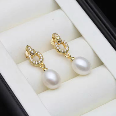 CZ/Freshwater Pearl Drop Earrings - Gold