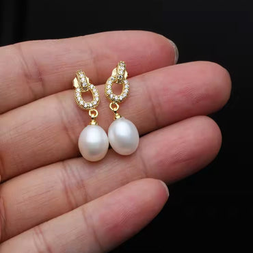 CZ/Freshwater Pearl Drop Earrings - Gold