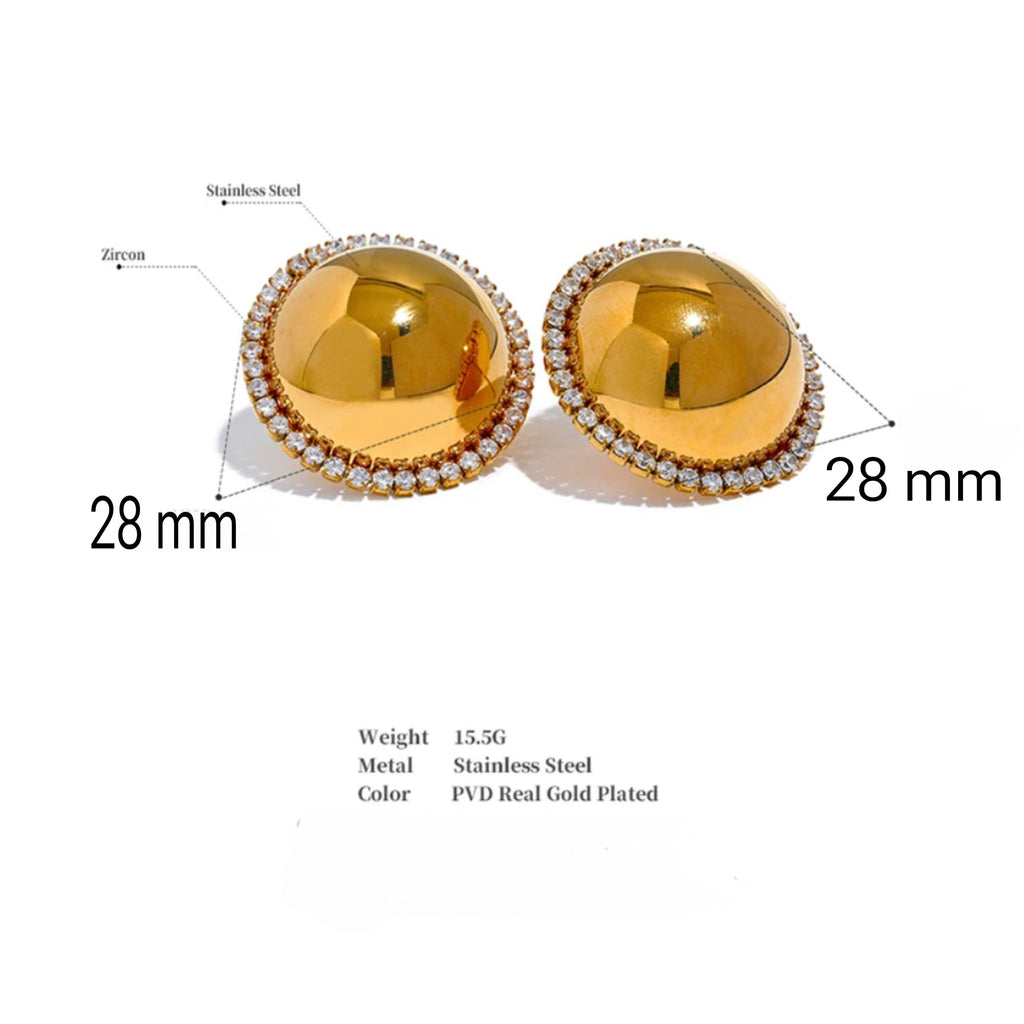 28 mm Stainless Steel CZ Round Big Stud Earrings - 18K Gold Plated